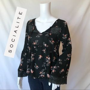 Black floral patterned boho long sleeve shirt